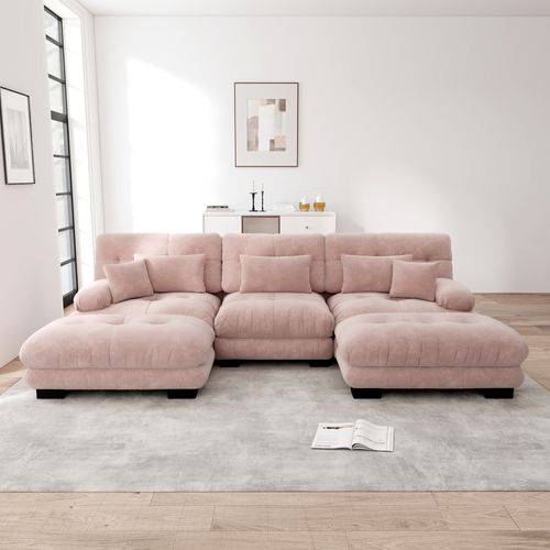 Canapé Modulable D'angle 3 Places En U Avec 2 Poufs Ottomanes, En Chenille Rose