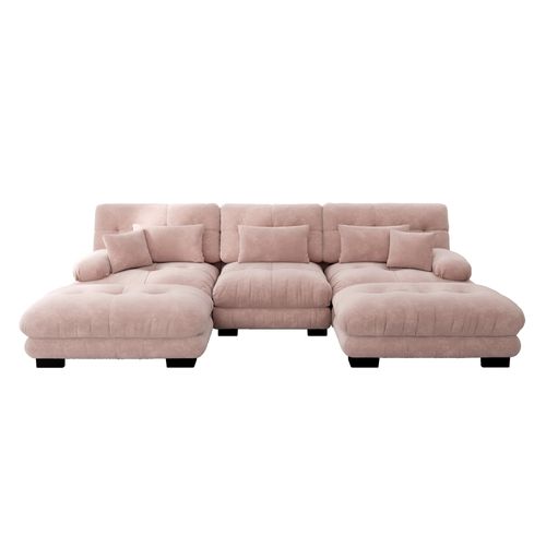 Canapé Modulable D'angle 3 Places En U Avec 2 Poufs Ottomanes, En Chenille Rose
