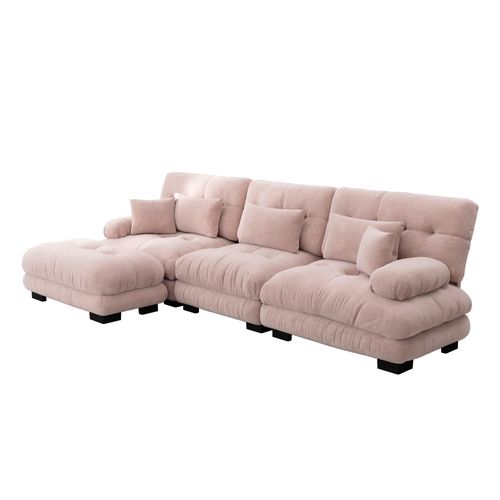 Canapé D'angle 3 Places Modulable 313cm En Chenille Rose, Avec Pouf Et Assise Profonde