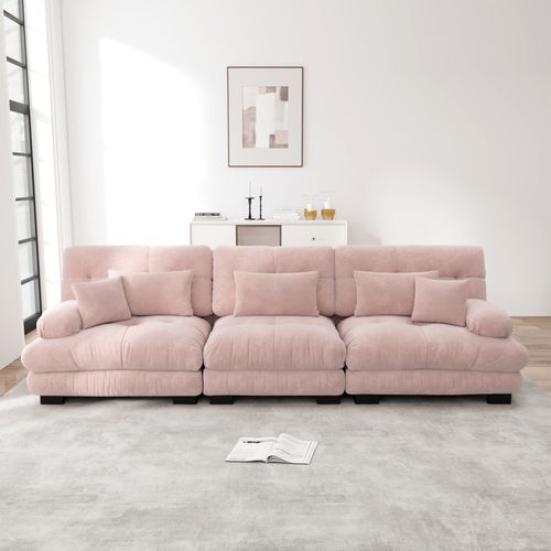 Canapé Modulable 3 Places 313cm En Chenille Rose, Assise Profonde, Avec Coussins