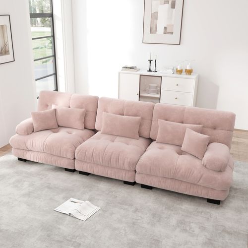 Canapé Modulable 3 Places 313cm En Chenille Rose, Assise Profonde, Avec Coussins