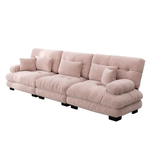 Canapé Modulable 3 Places 313cm En Chenille Rose, Assise Profonde, Avec Coussins