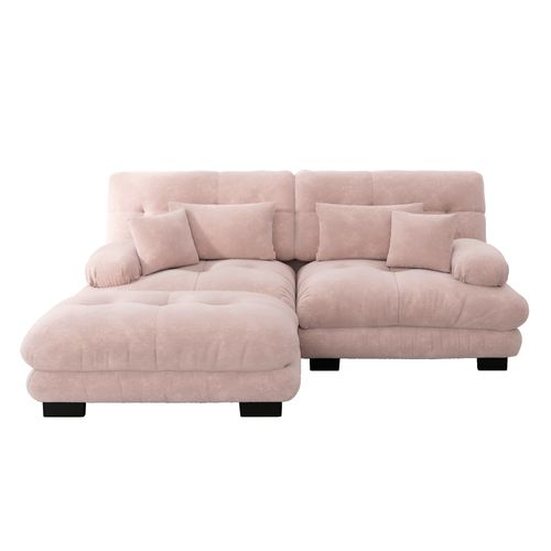 Canapé D'angle 2 Places Modulable 220cm En Tissu Chenille Rose Avec Pouf Ottoman, 4 Coussins