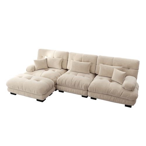 Canapé D'angle 3 Places Modulable 313cm Avec Pouf, Assise Profonde, Tissu Chenille Café Clair