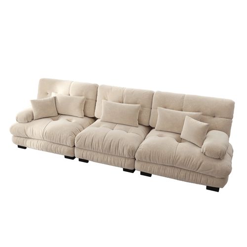 Canapé Modulable 3 Places 313cm En Chenille Café Clair, Assise Profonde, Avec Coussins