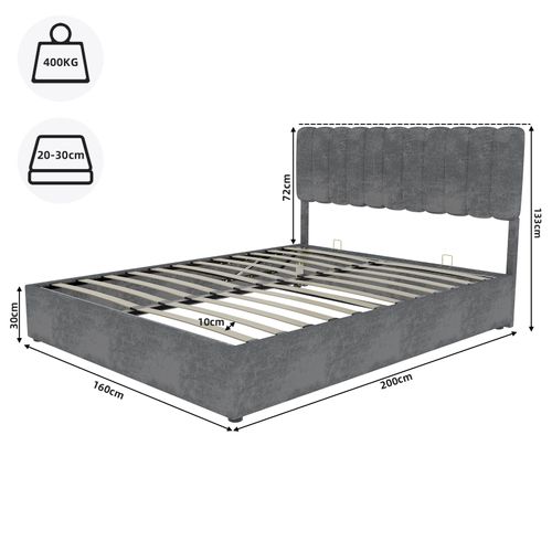 Lit Adulte Coffre 160x200 Cm En Velours Gris Et Structure Métal, Design Confortable