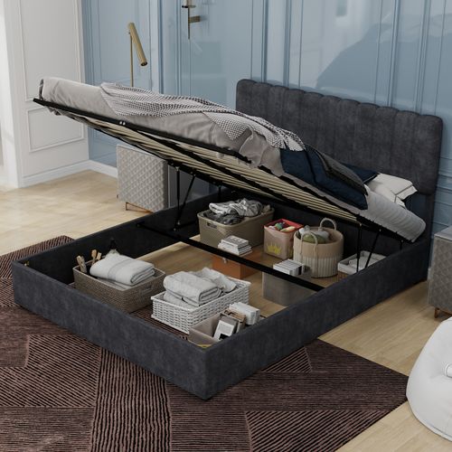 Lit Adulte Coffre 160x200 Cm En Velours Gris Et Structure Métal, Design Confortable
