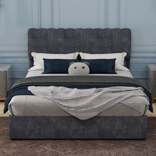 Lit Adulte Coffre 160x200 Cm En Velours Gris Et Structure Métal, Design Confortable