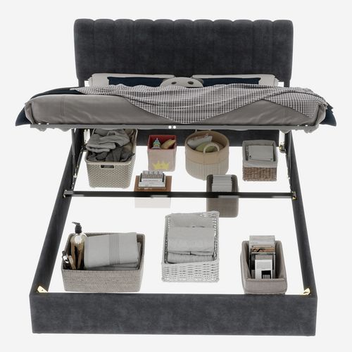Lit Adulte Coffre 160x200 Cm En Velours Gris Et Structure Métal, Design Confortable