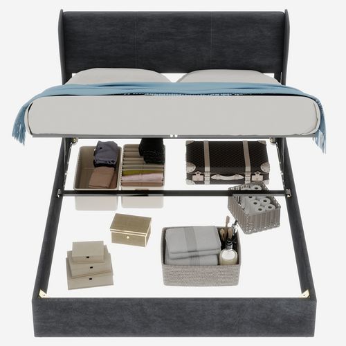 Lit 140x200 Cm 2 Places Velours Gris Avec Coffre De Rangement Et Structure Métal