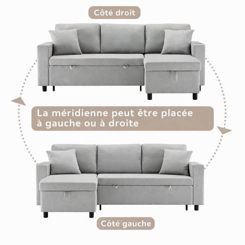 Canapé D'angle Convertible 3 Places, Méridienne Réversible Avec Coffre Rangement, Lin Gris