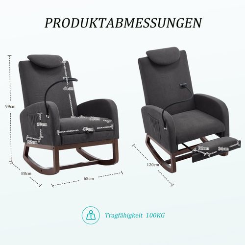 Fauteuil à Bascule, Velours Côtelé Gris Foncé, Poche Latérale Et Repose-pieds