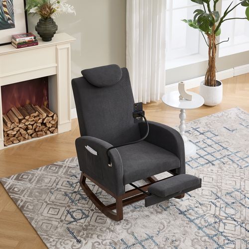 Fauteuil à Bascule, Velours Côtelé Gris Foncé, Poche Latérale Et Repose-pieds