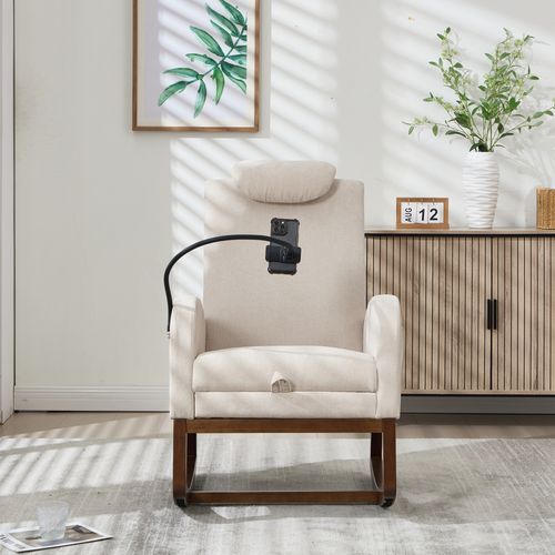 Fauteuil à Bascule En Bois Et Lin Beige, Avec Appui‑tête, Poche Latérale Et Repose‑pieds