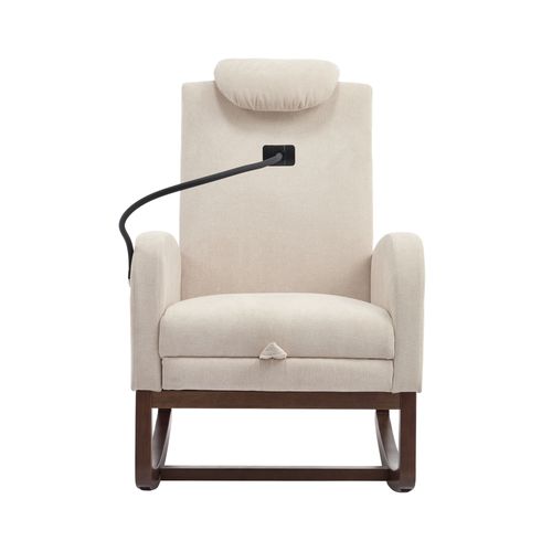 Fauteuil à Bascule En Bois Et Lin Beige, Avec Appui‑tête, Poche Latérale Et Repose‑pieds