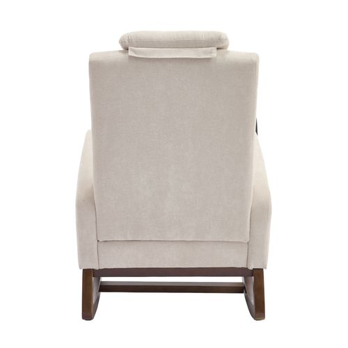 Fauteuil à Bascule En Bois Et Lin Beige, Avec Appui‑tête, Poche Latérale Et Repose‑pieds