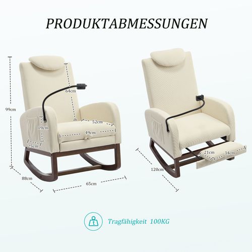 Fauteuil à Bascule, Velours Côtelé Beige, Structure En Bois, Avec Repose-pieds Et Poche Latérale