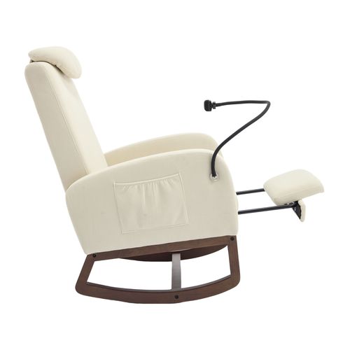 Fauteuil à Bascule, Velours Côtelé Beige, Structure En Bois, Avec Repose-pieds Et Poche Latérale