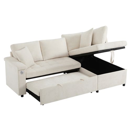 Canapé D’angle Convertible 3 Places Avec Coffre De Rangements, Tissu Chenille Beige