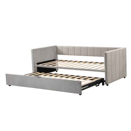 Lit Enfant Gigogne 90x200 Cm En Velours Gris, Convertible En 180x200 Cm, Avec Sommier à Lattes