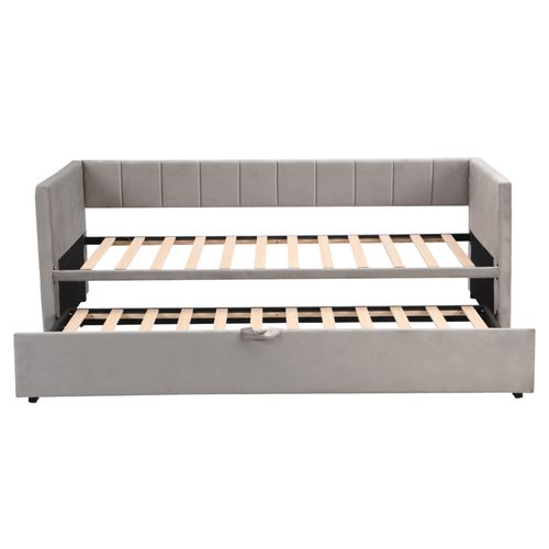 Lit Enfant Gigogne 90x200 Cm En Velours Gris, Convertible En 180x200 Cm, Avec Sommier à Lattes