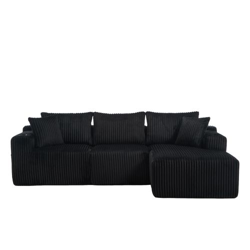 Canapé D'angle 3 Places Noir En Velours Côtelé Avec 5 Coussins, Poches Et Porte-gobelets