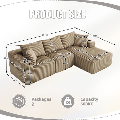 Canapé D'angle 3 Places 257x90-160x62 Cm Velours Côtelé Kaki Avec 5 Coussins Et Porte-gobelets