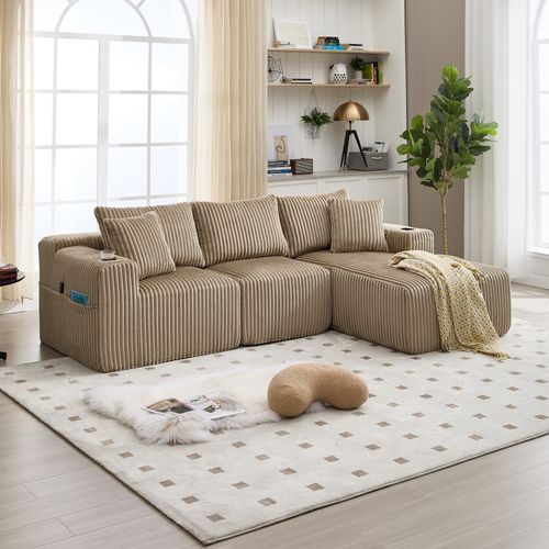 Canapé D'angle 3 Places 257x90-160x62 Cm Velours Côtelé Kaki Avec 5 Coussins Et Porte-gobelets