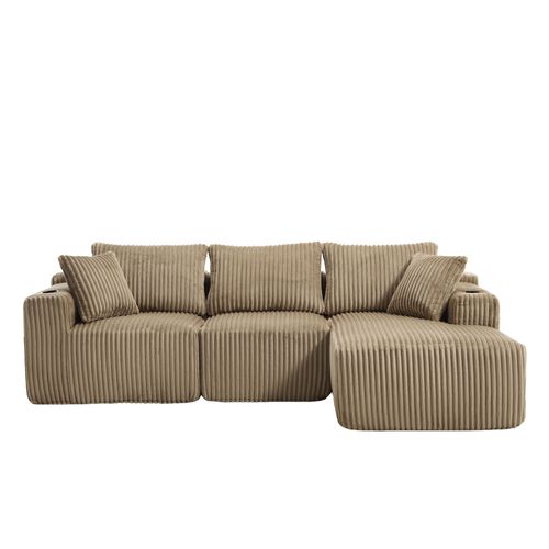 Canapé D'angle 3 Places 257x90-160x62 Cm Velours Côtelé Kaki Avec 5 Coussins Et Porte-gobelets