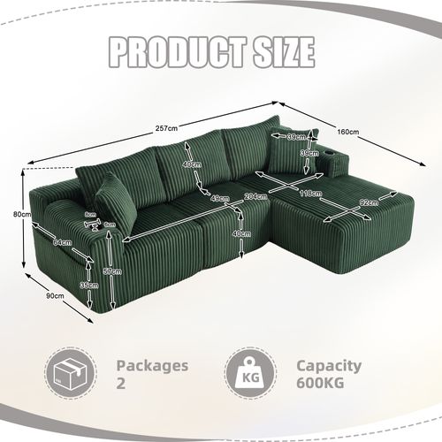 Canapé D'angle 3 Places Avec Méridienne 257 Cm Tissu Velours Côtelé Vert Émeraude