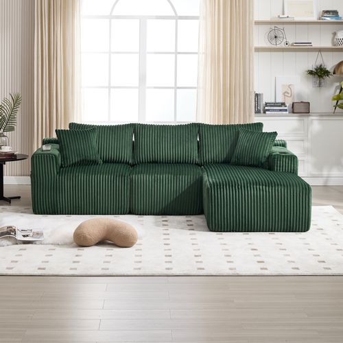 Canapé D'angle 3 Places Avec Méridienne 257 Cm Tissu Velours Côtelé Vert Émeraude