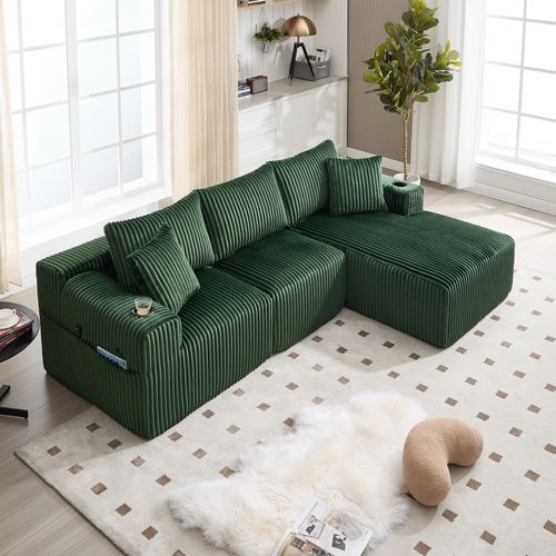 Canapé D'angle 3 Places Avec Méridienne 257 Cm Tissu Velours Côtelé Vert Émeraude