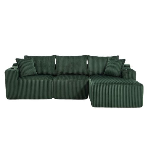 Canapé D'angle 3 Places Avec Méridienne 257 Cm Tissu Velours Côtelé Vert Émeraude