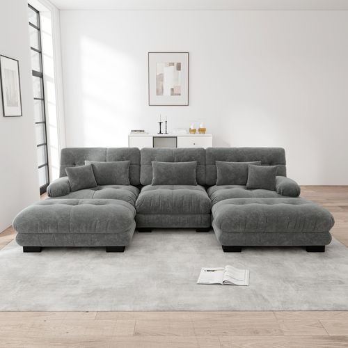 Canapé Modulable D'angle 3 Places En U Avec 2 Poufs Ottomanes, En Chenille Gris