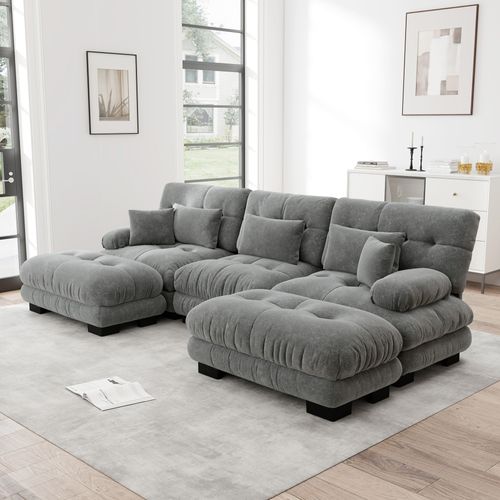 Canapé Modulable D'angle 3 Places En U Avec 2 Poufs Ottomanes, En Chenille Gris
