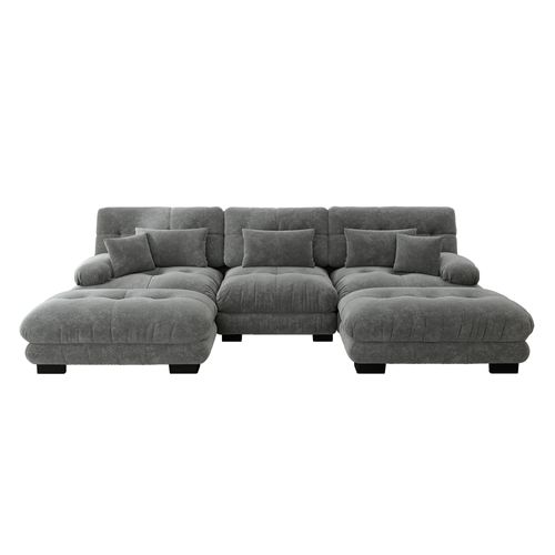Canapé Modulable D'angle 3 Places En U Avec 2 Poufs Ottomanes, En Chenille Gris