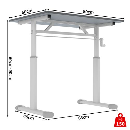 Bureau 80cm Réglable En Hauteur à Manivelle, Double Colonne, Métal Et Bois Gris, Compact