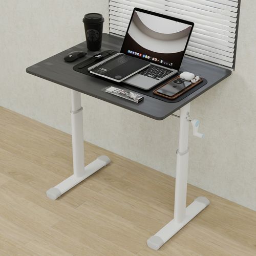 Bureau 80cm Réglable En Hauteur à Manivelle, Double Colonne, Métal Et Bois Gris, Compact