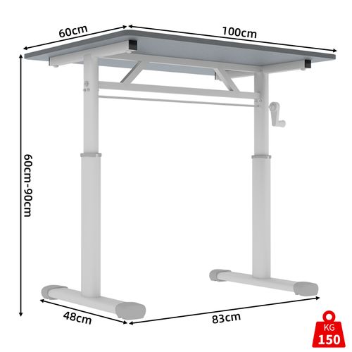 Bureau 100cm Réglable En Hauteur à Manivelle, Métal Et Bois, Double Colonne, Gris