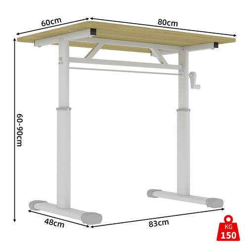 Bureau 80cm à Hauteur Réglable Par Manivelle, Double Colonne, Bois Et Métal, Compact