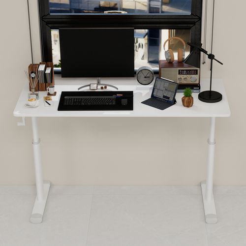 Bureau 120cm Réglable En Hauteur à Manivelle, Métal Et Bois Blanc