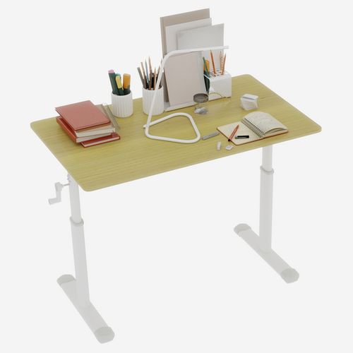 Bureau 100cm Réglable En Hauteur à Manivelle, Double Colonne, Métal Et Bois, Couleur Bois