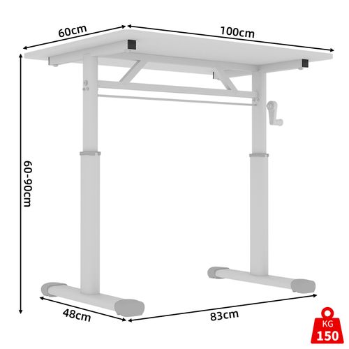 Bureau 100cm Réglable En Hauteur à Manivelle, Double Colonne, Métal Et Bois Blanc