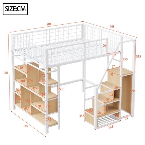 Lit Mezzanine 140x200 Cm Blanc En Bois Et Métal Avec Étagères De Rangements, Escalier Et Penderie