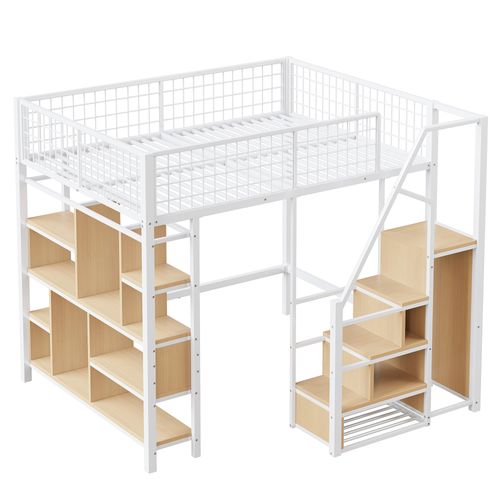 Lit Mezzanine 140x200 Cm Blanc En Bois Et Métal Avec Étagères De Rangements, Escalier Et Penderie