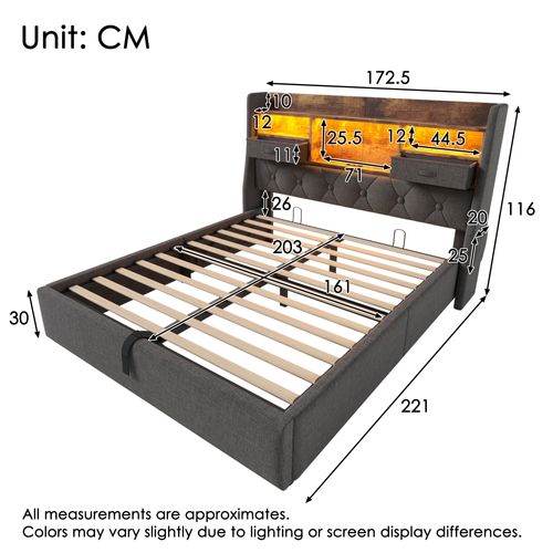 Lit Adulte Coffre 160x200 Cm Avec LED Rangement Hydraulique Et Ports USB/type-c, Lin Gris