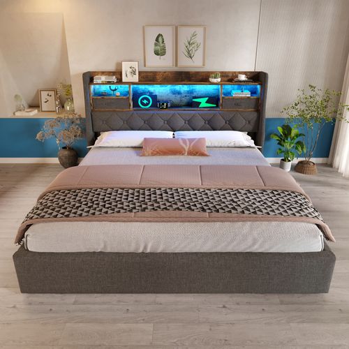 Lit Adulte Coffre 160x200 Cm Avec LED Rangement Hydraulique Et Ports USB/type-c, Lin Gris