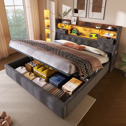 Lit Adulte Coffre 160x200 Cm Avec LED Rangement Hydraulique Et Ports USB/type-c, Lin Gris
