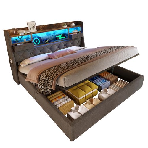 Lit Adulte Coffre 160x200 Cm Avec LED Rangement Hydraulique Et Ports USB/type-c, Lin Gris
