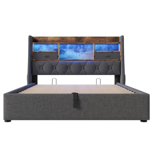 Lit Adulte Coffre 160x200 Cm Avec LED Rangement Hydraulique Et Ports USB/type-c, Lin Gris